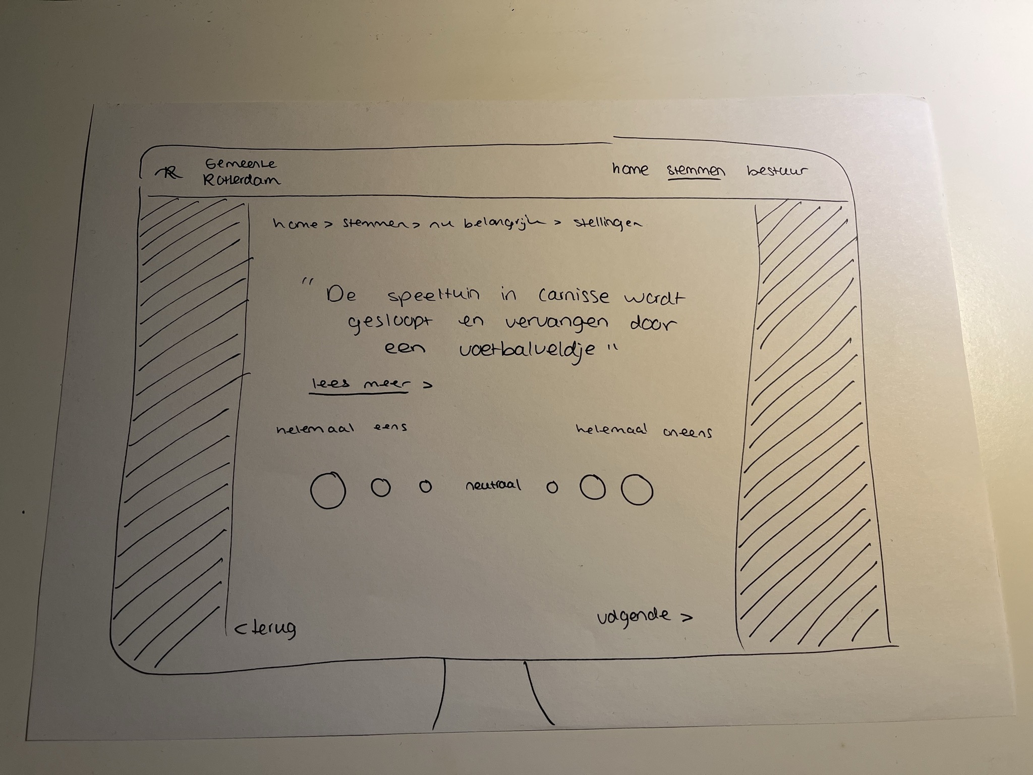 Papieren wireframe schets voor een poll scherm