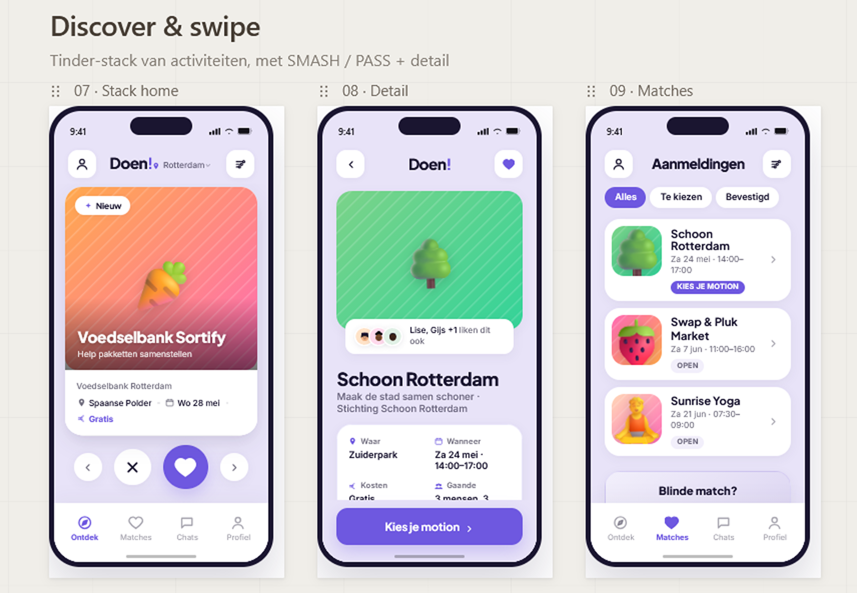 Doen! prototype op iPhone — swipe feed met activiteiten